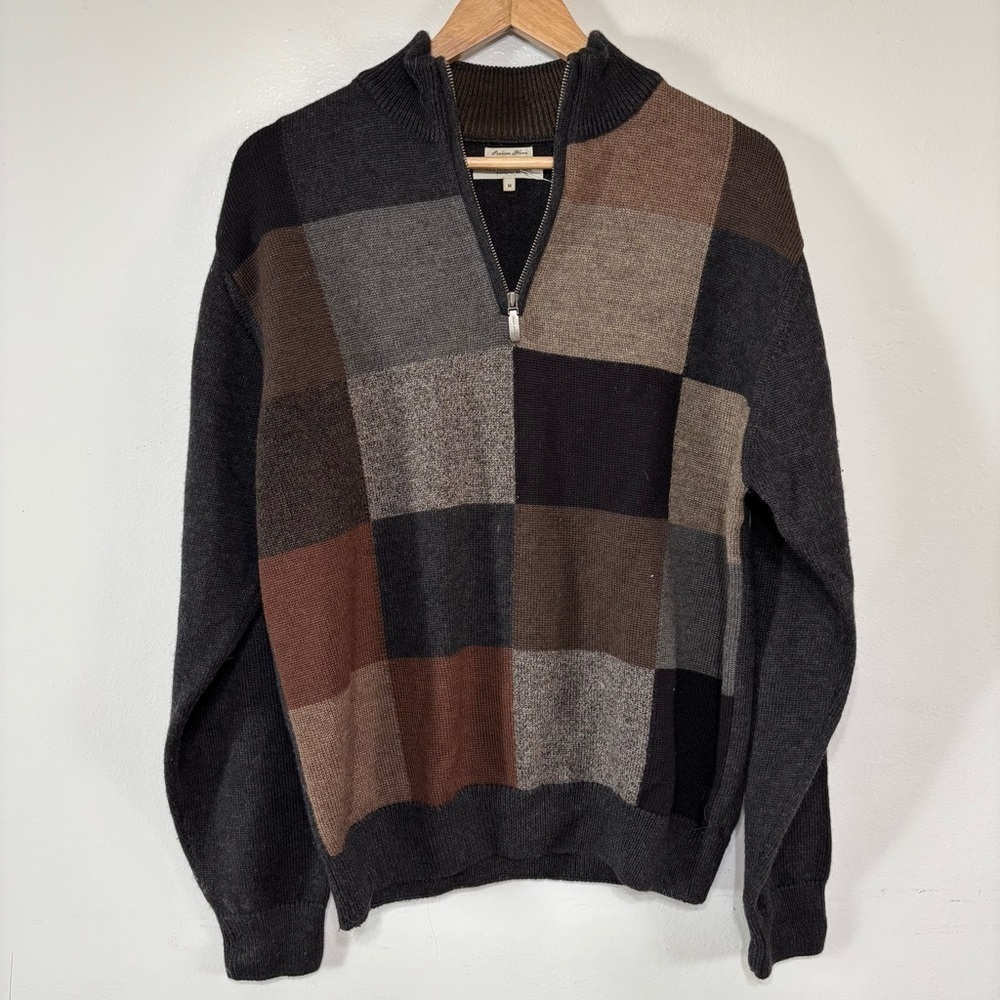 Alex Cannon Earthy Neutral Color Block Wool Blend 1/4 Zip Sweater Size M